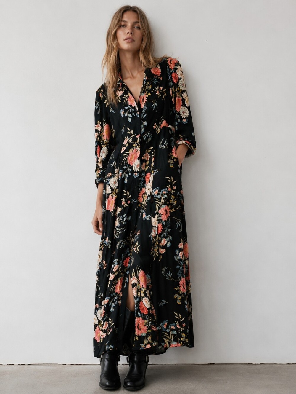 Zara Floral Maxi Shirt Dress Size M Black Long Sleeve Boho